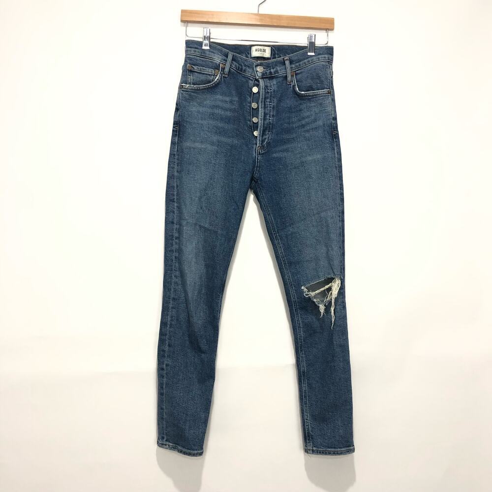 Agolde Womens Button Fly Distressed Nico Skinny Jeans Blue Size 27